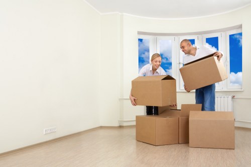 Packed boxes and furniture prepared for relocation service